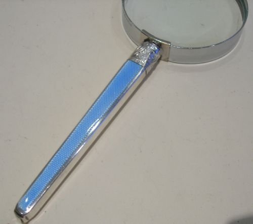 Antique Sterling Silver Handled Magnifying Glass - Blue Guilloche Enamel