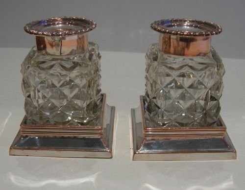 Pair Early English Cut Crystal & Sheffield Plate Inkwells C.1820