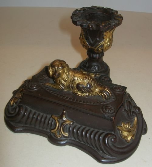 Antique English Chamberstick & Vesta in Terracotta - Dog Mounted C.1865