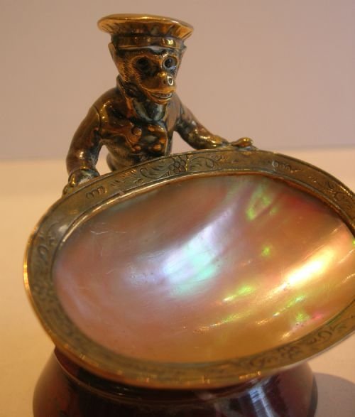 Antique Bronze Figural Monkey Holding Mother of Pearl Trinket Dish