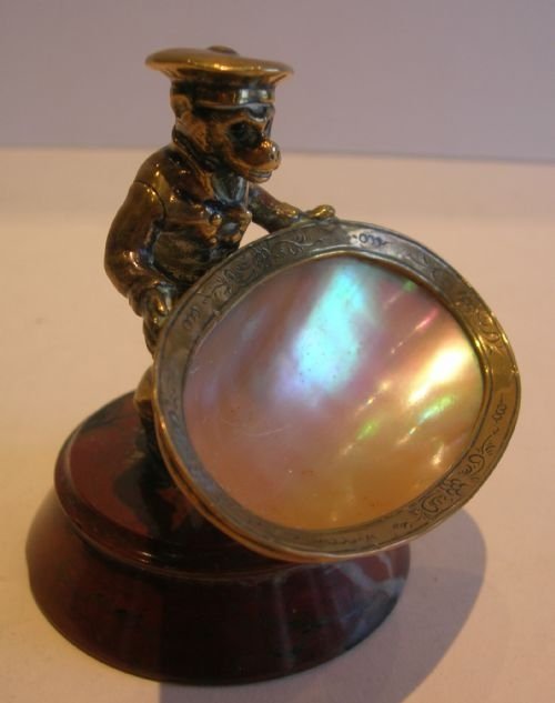 fig 1. Antique Bronze Figural Monkey Holding Mother of Pearl Trinket Dish