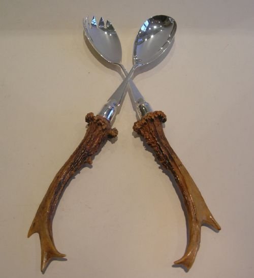 Antique Antler Horn Handled Salad Servers - Silver Plate