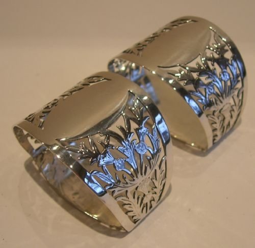 Pair Top Notch Pierced Sterling Silver Napkin Rings - Scottish Thistles