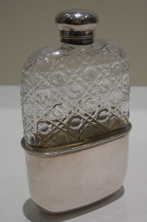 Antique English Cut Glass & Silver Plated Hipflask - James Dixon & Sons. C.1890