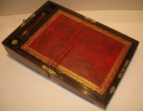 fig 1. Antique English Brass Bound Mahogany Writing Slope or Lap Desk c.1820
