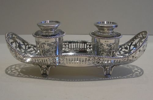 Beautiful English Pierced Sterling Silver Double Inkstand / Standish