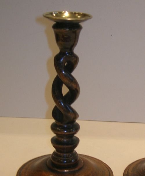 fig 1. Handsome Pair Antique English Solid Oak Open Barley Twist Candlesticks