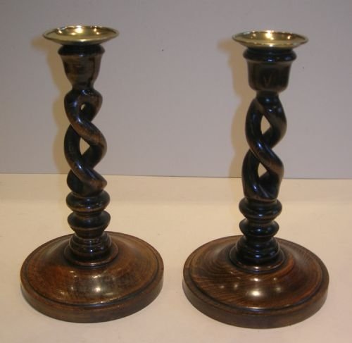 Handsome Pair Antique English Solid Oak Open Barley Twist Candlesticks
