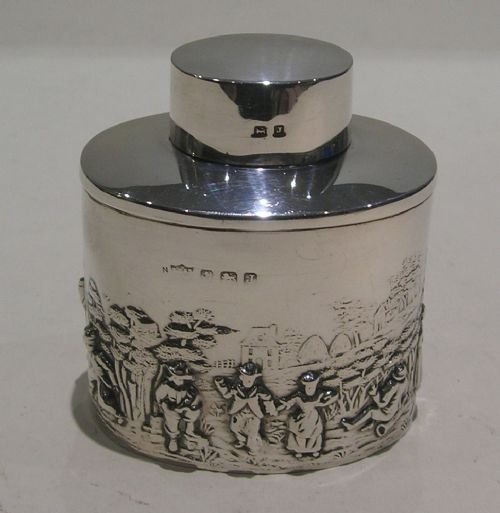 English Sterling Silver Tea Caddy / Cannister - Rural Figural Scene