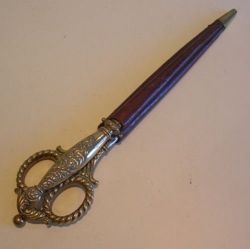 Antique English Desk Set - Leather Cased Scissors & Letter Opener