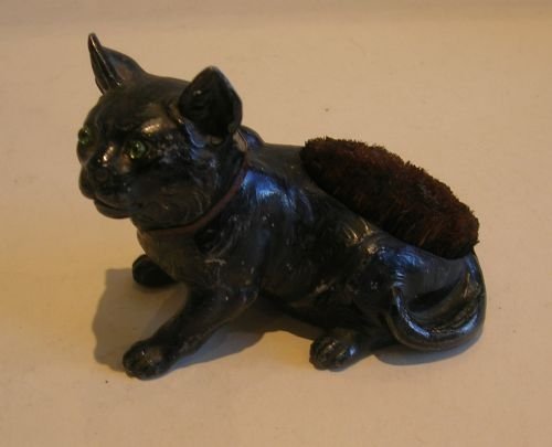 English Painted Spelter Figural Pen or Nib Wipe - Cat - Glass Eyes