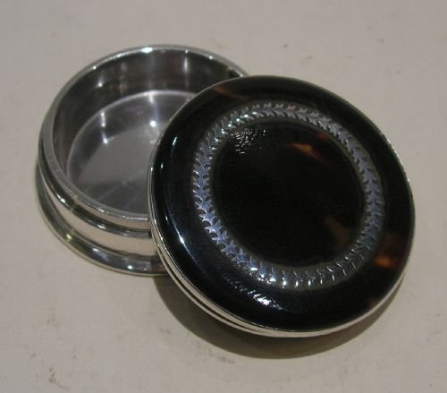 English Sterling Silver Pill Box with Tortoiseshell Lid & Base - Silver Pique Inlay