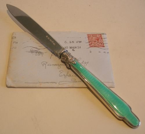 Antique English Sterling Silver and Guilloche Enamel Letter Opener