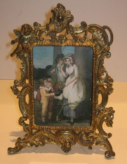 Large Antique English Gilded Cast Brass Photograph Frame - Cherub