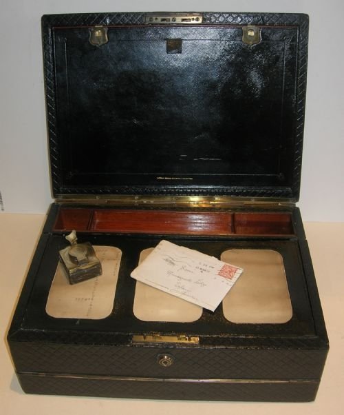 Huge Antique Leather Bound Double Action Writing Box / Slope
