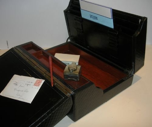 fig 1. Huge Antique Leather Bound Double Action Writing Box / Slope