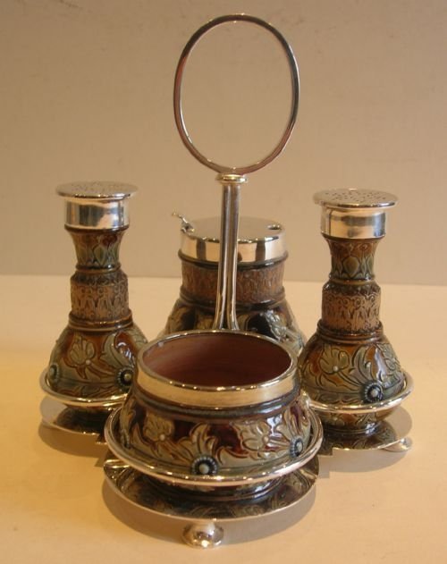 Rare Antique Doulton Lambeth / Royal Doulton Four Piece Cruet Set