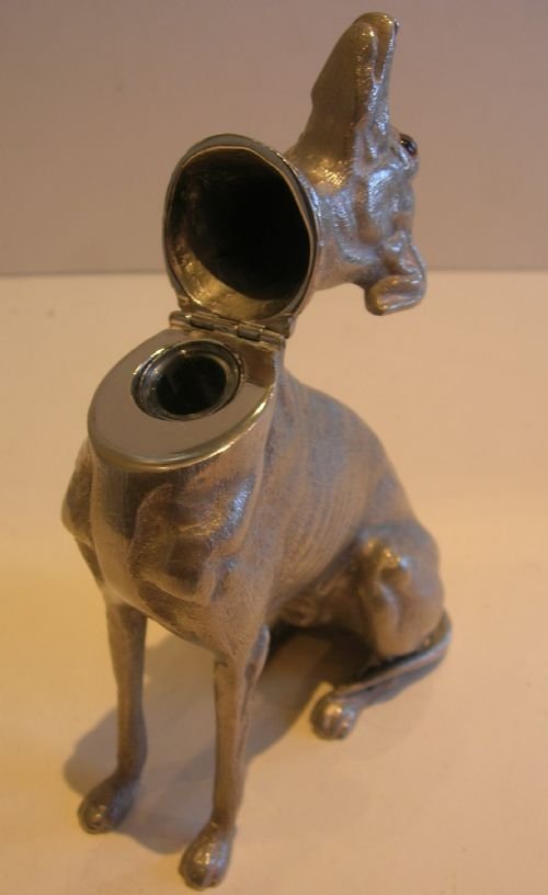 fig 1. Fabulous Large Antique Greyhound Inkwell In Silver Plate c.1900