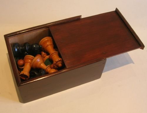 fig 1. Antique English Boxed Chess Set - Carved Boxwood & Ebony c.1900