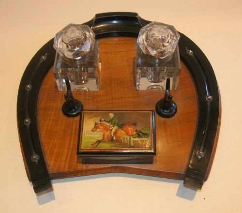 Unusual Antique English Horseshoe Walnut Double Inkstand / Stamp Box