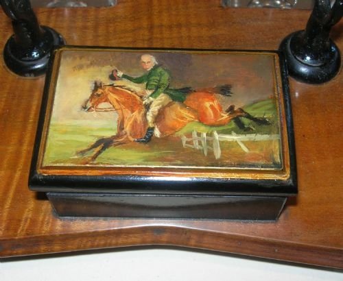 fig 1. Unusual Antique English Horseshoe Walnut Double Inkstand / Stamp Box