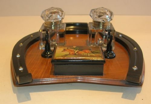 fig 2. Unusual Antique English Horseshoe Walnut Double Inkstand / Stamp Box
