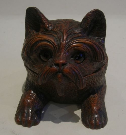 Antique Figural Black Forest Double Postage Stamp Box - Dog with Glass Eyes