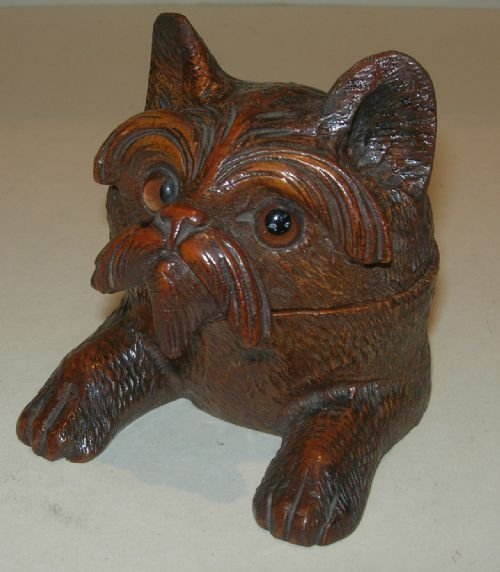 fig 1. Antique Figural Black Forest Double Postage Stamp Box - Dog With Glass Eyes