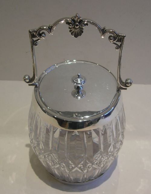 Antique English Cut Crystal & Silver Plated Biscuit or Cracker Barrel