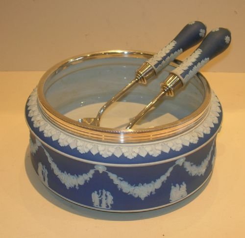 Rare Wedgwood Blue Jasperware Salad Bowl with Servers C.1910