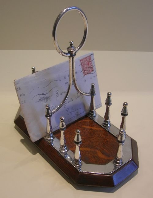 Antique English Solid Oak & Silver Plated Toast Rack or Letter Holder