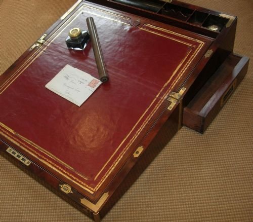 fig 1. Top-Notch Antique English Brass Bound Mahogany Writing Slope / Box c.1840