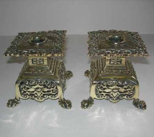 Unusual Pair Victorian Pierced Brass Candlesticks