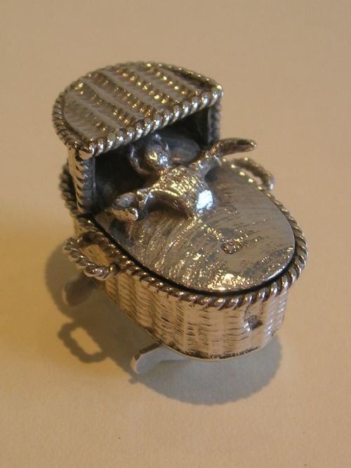 Rare Sterling Silver Figural Box - Baby in Rocking Cradle - Import - Sheffield 1896