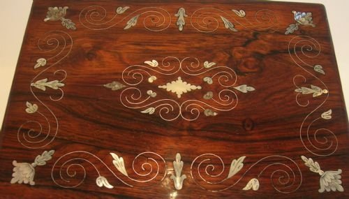 fig 1. Antique English Rosewood Jewellery or Desk Box c.1840 - Mother Of Pearl & Silver Inlay