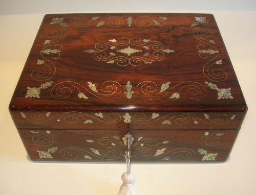 Antique English Rosewood Jewellery or Desk Box C.1840 - Mother of Pearl & Silver Inlay