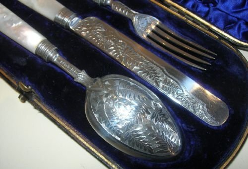 fig 1. Beautiful Antique English Sterling Silver and Mother of Pearl Christening Set
