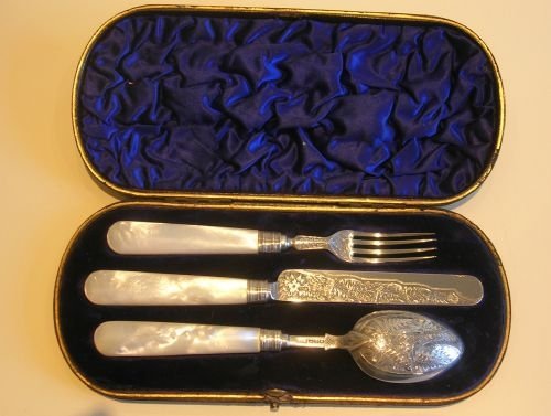 Beautiful Antique English Sterling Silver and Mother of Pearl Christening Set