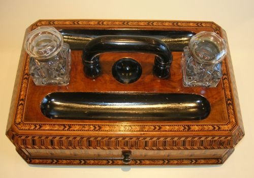fig 1. Exceptional Oversized Inlaid Walnut Inkstand / Double Inkwell - Victorian