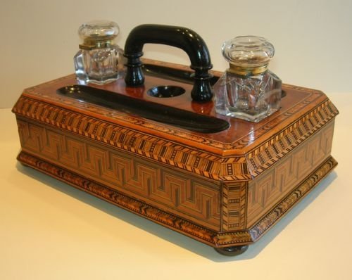 fig 2. Exceptional Oversized Inlaid Walnut Inkstand / Double Inkwell - Victorian