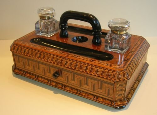 Exceptional Oversized Inlaid Walnut Inkstand / Double Inkwell - Victorian