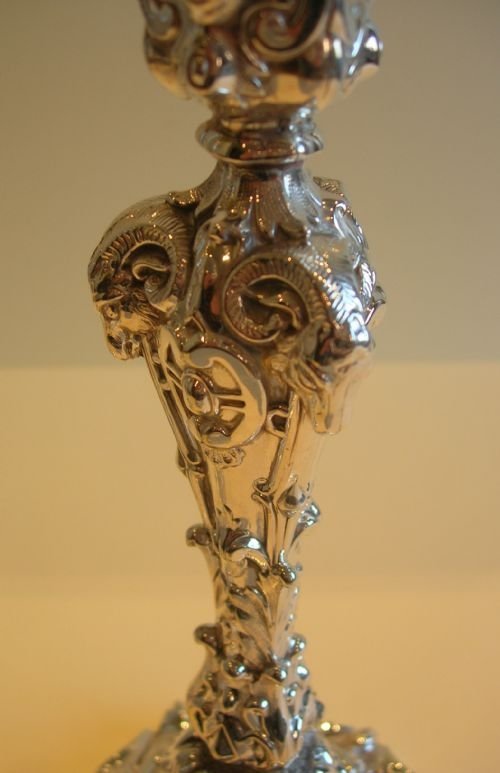 fig 1. Pair Ornate Antique English Silver Plated Candlesticks c.1860 - Ram's Heads