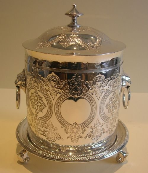 Beautiful Antique English Silver Plated Biscuit Barrel / Cookie Box C.1860