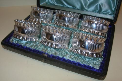 Antique English Silver Plated Napkin Rings - Boxed Set Six - C.1880