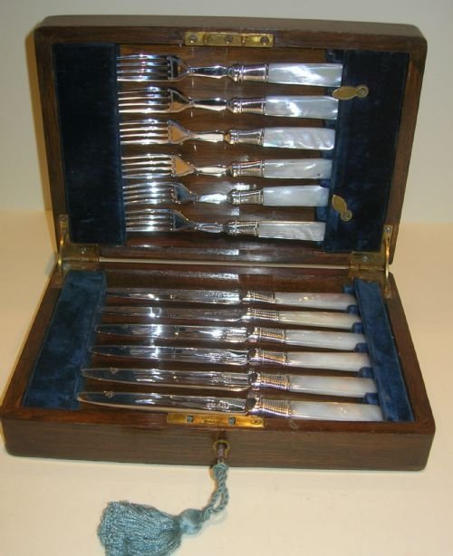 Antique Silver Plate & Mother of Pearl Fruit Knives & Forks - Original Oak Box C.1900