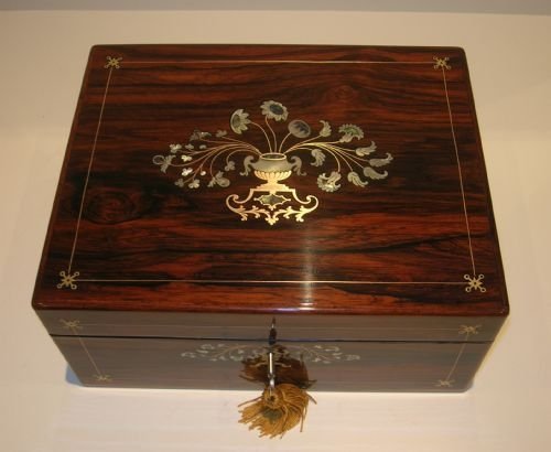 Outstanding Antique English Rosewood Jewellery Box - Mother of Pearl, Brass Inlay C.1840