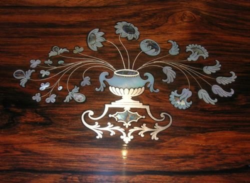 fig 1. Outstanding Antique English Rosewood Jewellery Box - Mother of Pearl, Brass Inlay c.1840