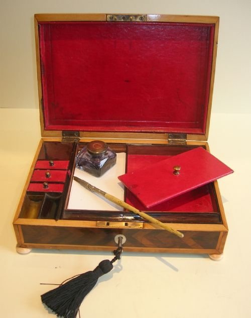 fig 1. Superb Antique English Parquetry Writing Box - Secret Drawer - Ivory Feet