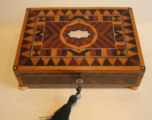 Superb Antique English Parquetry Writing Box - Secret Drawer - Ivory Feet