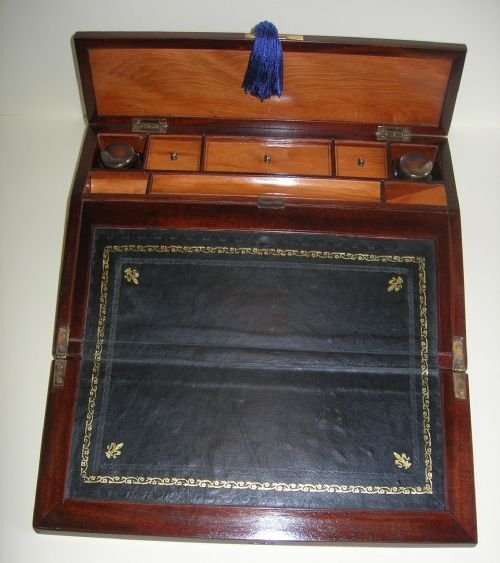 fig 1. Antique English Burr Elm Lap Desk / Writing Box - Brass Mounted c.1860
